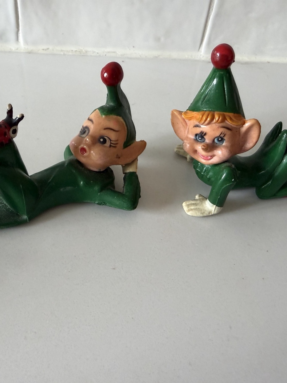 Vintage Elf Figurines Pair Green & Red Outfits with Ladybug Accent Christmas
